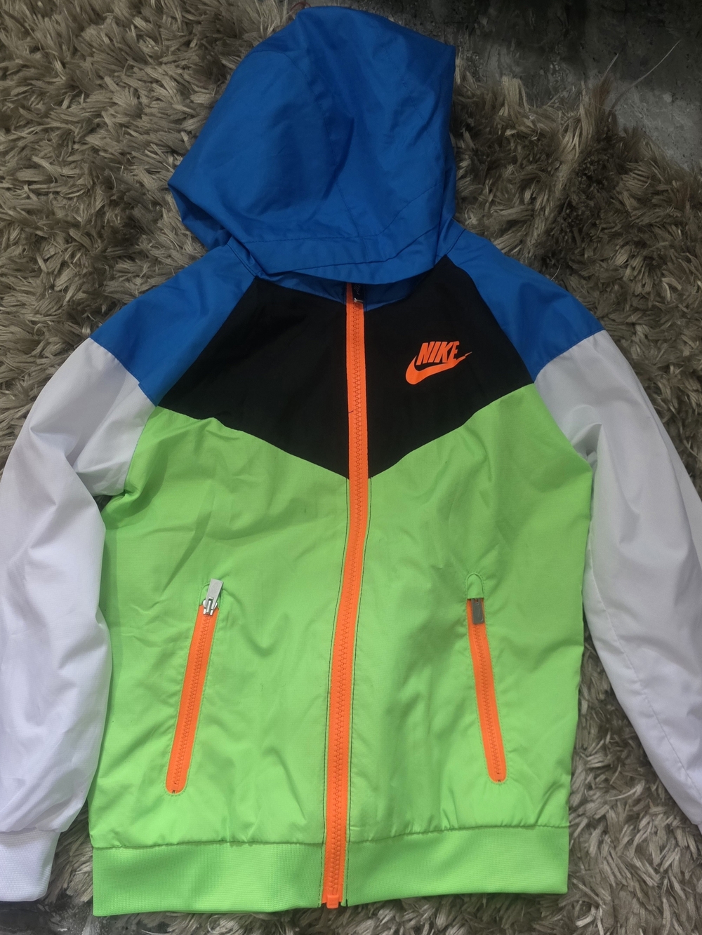 Nike Kids Hooded Colorblock Rain Jacket - Blue/Green/White with Orange Accents
